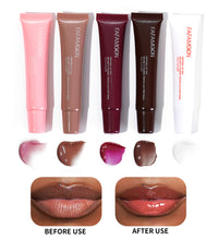 Set of waterproof glossy lip glaze tubes in various shades with before and after lip application swatches