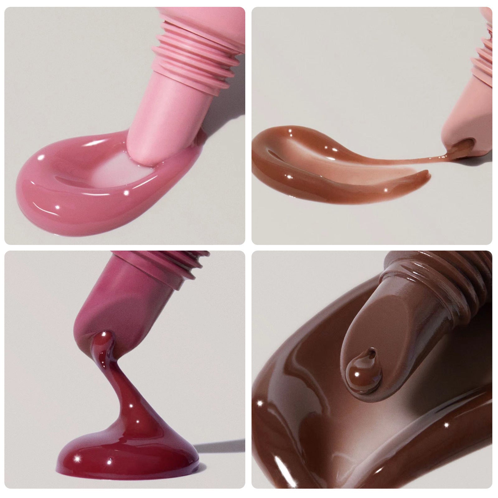 Close-up of different shades of waterproof glossy lip glaze dripping from applicator tips