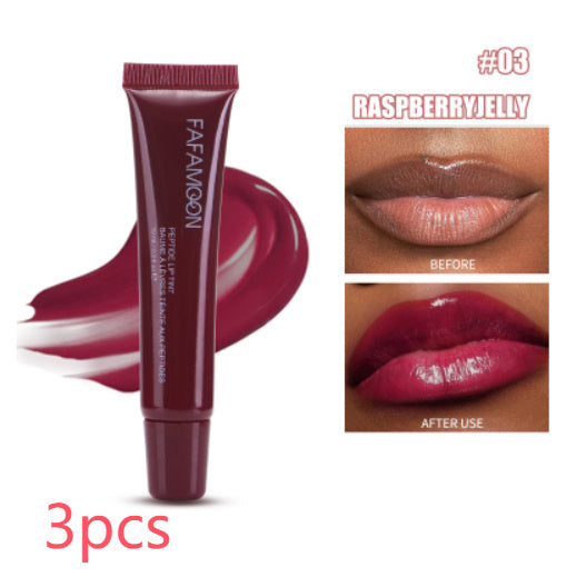 Waterproof glossy lip glaze in Raspberry Jelly shade showing before and after lip application
