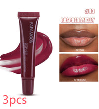 Waterproof glossy lip glaze in Raspberry Jelly shade showing before and after lip application