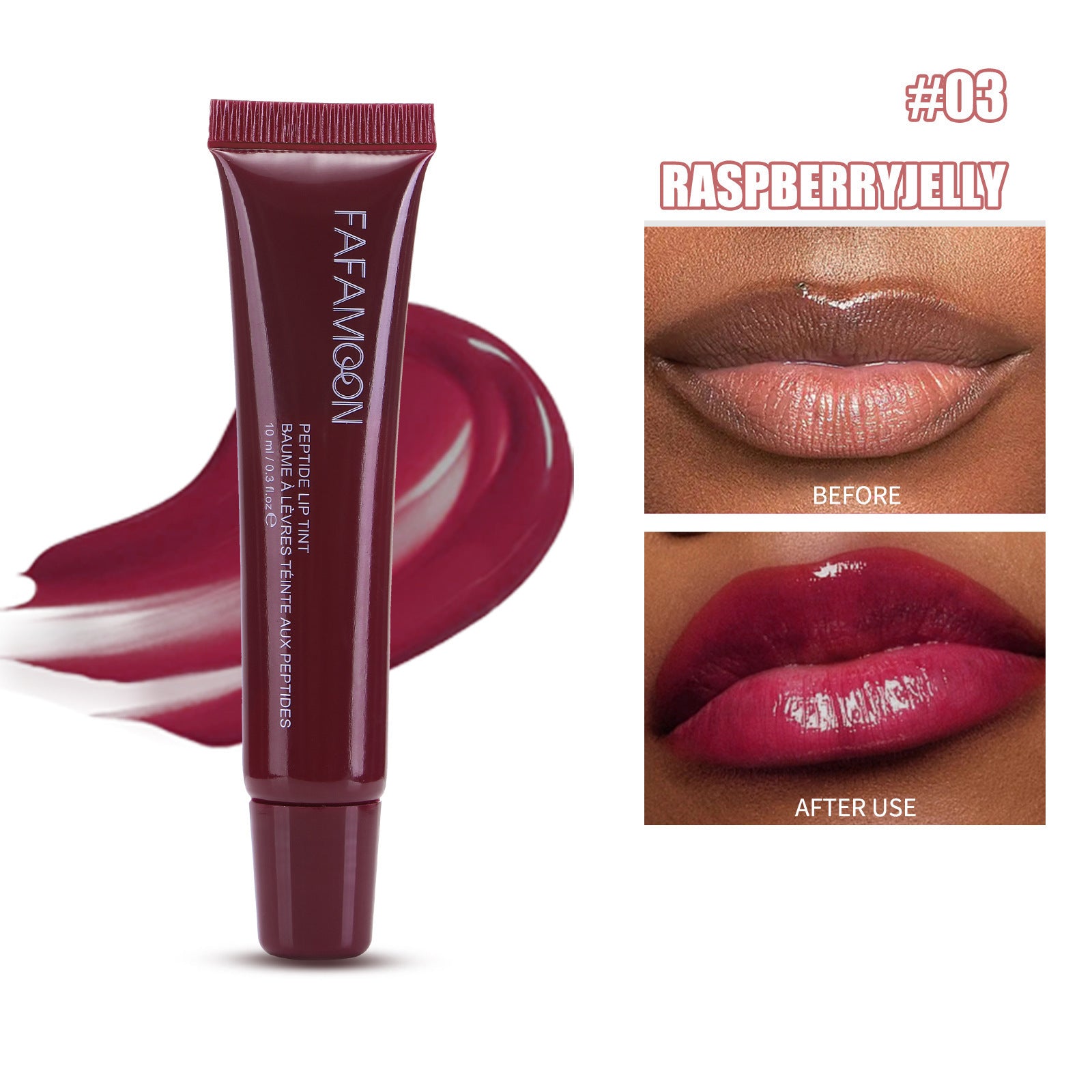 FAFAMOON Raspberry Jelly waterproof glossy lip glaze with before and after lip color results