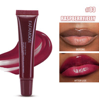 FAFAMOON Raspberry Jelly waterproof glossy lip glaze with before and after lip color results