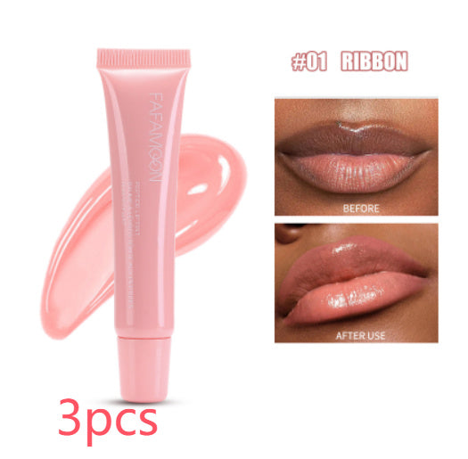 Waterproof glossy lip glaze tube and before after images showing pink ribbon shade on lips