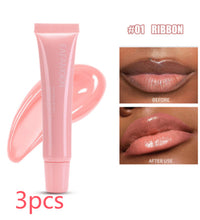 Waterproof glossy lip glaze tube and before after images showing pink ribbon shade on lips