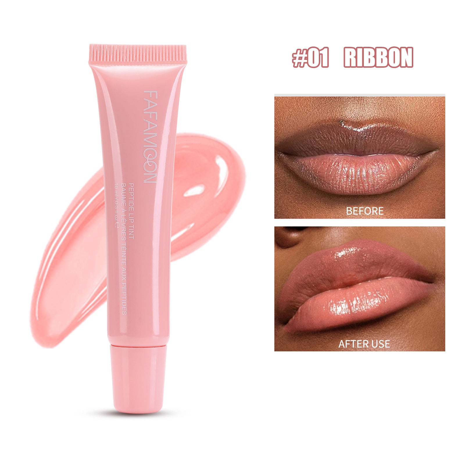 Waterproof glossy lip glaze in shade Ribbon showing before and after application on lips