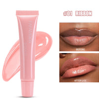 Waterproof glossy lip glaze in shade Ribbon showing before and after application on lips