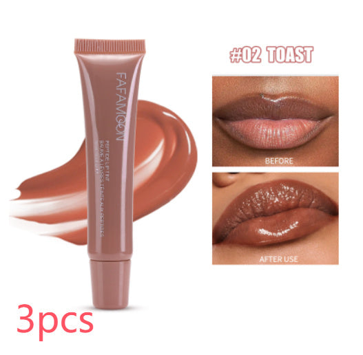 Waterproof glossy lip glaze in shade Toast with before and after lip application images