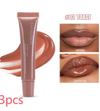 Waterproof glossy lip glaze in shade Toast with before and after lip application images
