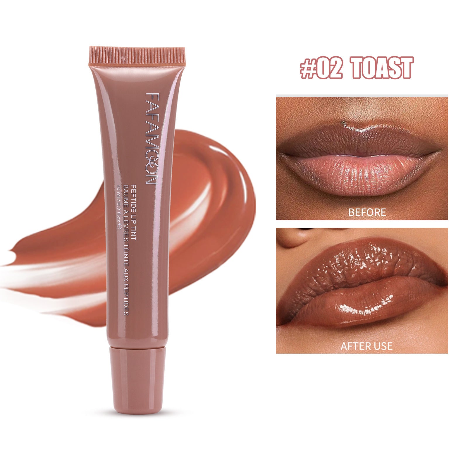 Waterproof glossy lip glaze in shade 02 Toast showing before and after application on lips