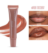 Waterproof glossy lip glaze in shade 02 Toast showing before and after application on lips