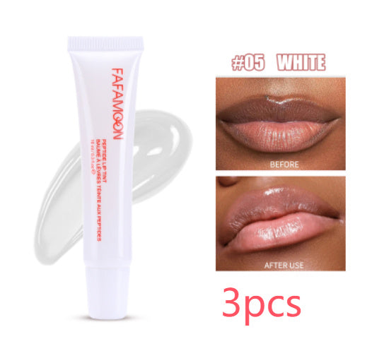 Waterproof glossy lip glaze in white shade showing before and after lip application with 3pcs tube set