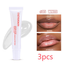 Waterproof glossy lip glaze in white shade showing before and after lip application with 3pcs tube set