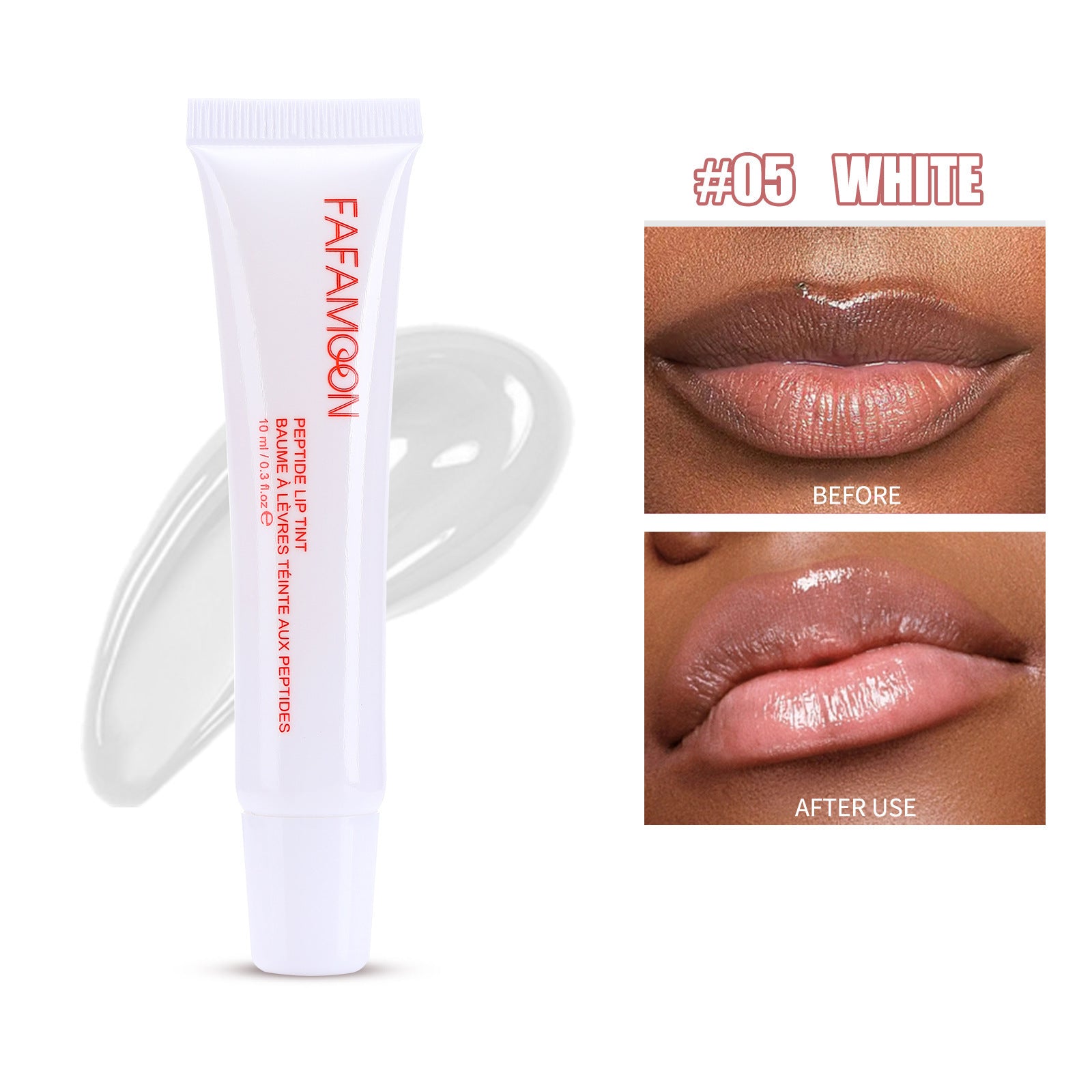FAFA MOON waterproof glossy lip glaze in white shade with before and after lip application images