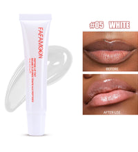 FAFA MOON waterproof glossy lip glaze in white shade with before and after lip application images