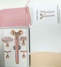 5-in-1 facial massage tool set with rose quartz roller, multiple attachments, user guide, and pink storage pouch