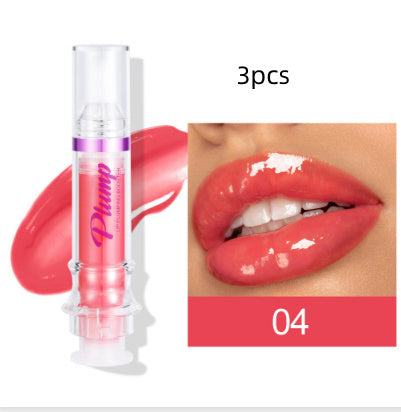 Lip plumper with chili extract in shade 04 showing glossy red lips and product tube