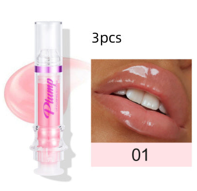 Lip plumper with chili extract clear tube and glossy pink lips close-up showing shine and volume