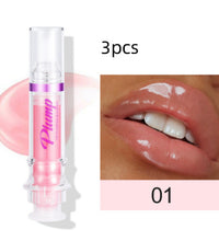 Lip plumper with chili extract clear tube and glossy pink lips close-up showing shine and volume