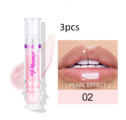 Lip plumper with chili extract in pearl effect shade showing glossy pink lips and product tube