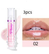 Lip plumper with chili extract in pearl effect shade showing glossy pink lips and product tube