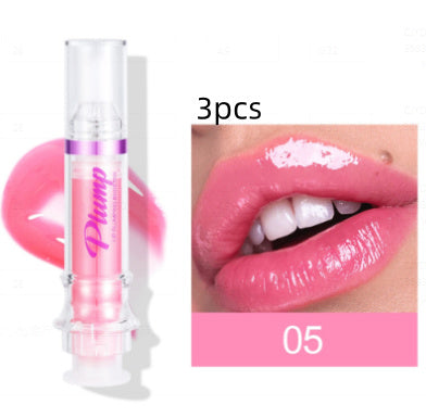 Lip plumper with chili extract in pink shade, shown with glossy lips applying product for volume enhancement
