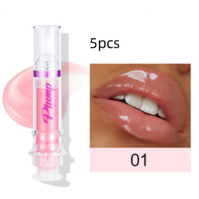 Lip plumper with chili extract in a clear tube with purple label and glossy lips closeup