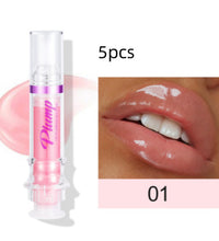 Lip plumper with chili extract in a clear tube with purple label and glossy lips closeup