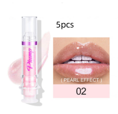 Lip plumper with chili extract in pearl effect shade showing glossy lips and applicator tube