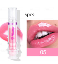 Lip plumper with chili extract in clear tube with purple label and glossy pink lips close-up