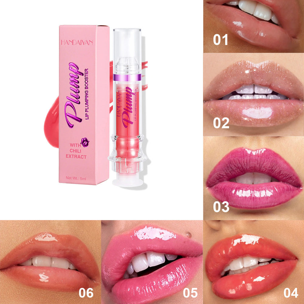 Lip plumper with chili extract in clear tube and box with multiple close-up images showing glossy lips in different shades