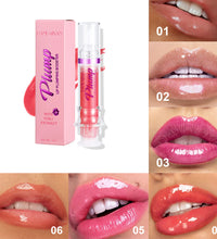 Lip plumper with chili extract in clear tube and box with multiple close-up images showing glossy lips in different shades