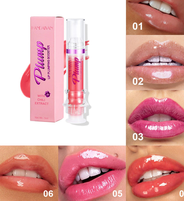 Lip plumper with chili extract in clear tube and box with multiple close-up images showing glossy lips in different shades