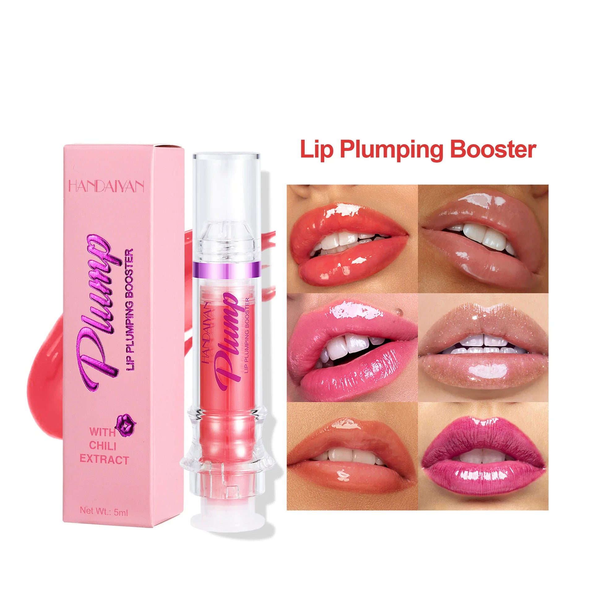 Lip plumper with chili extract in clear tube and pink box with six close-up images showing glossy plump lips