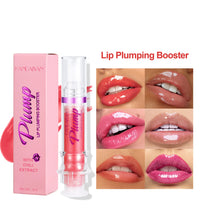 Lip plumper with chili extract in clear tube and pink box with six close-up images showing glossy plump lips