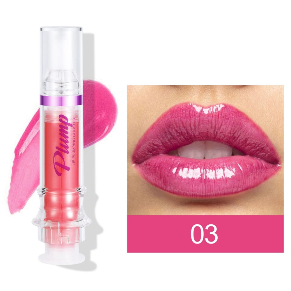 Lip plumper with chili extract in shade 03 with glossy vibrant pink finish on lips