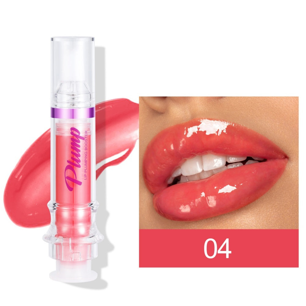 Lip plumper with chili extract in pink shade with glossy finish applied on lips