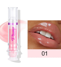 Lip plumper with chili extract in pink tube and glossy lips close-up showing plumping effect