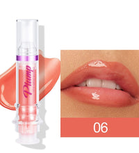 Lip plumper with chili extract in shade 06 showing glossy peachy nude lips and product swatch