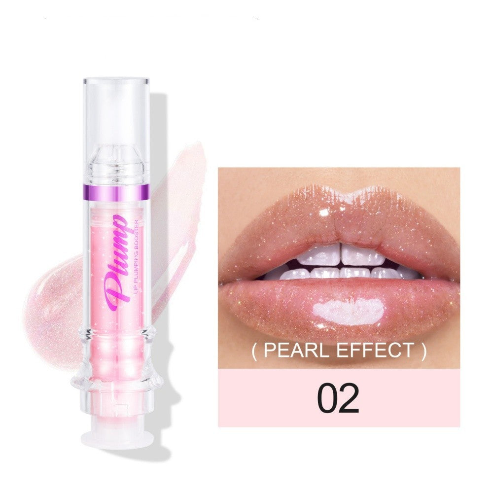 Lip plumper with chili extract in shade 02 pearl effect with glossy pink finish on lips