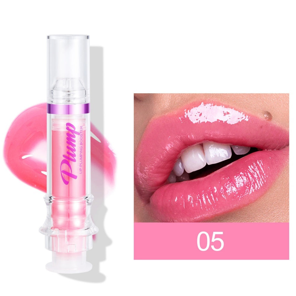 Lip plumper with chili extract in pink shade with close-up of glossy plump lips