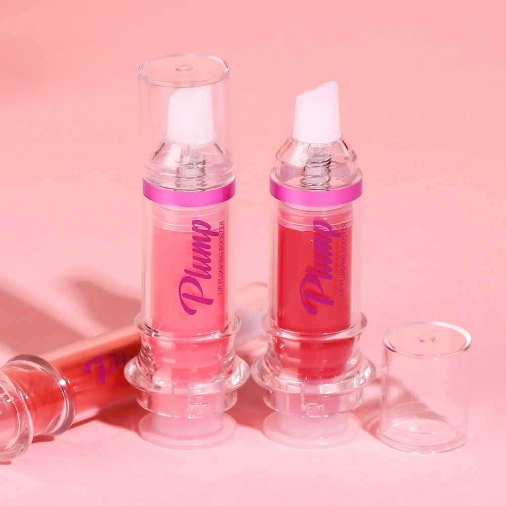 Two clear tubes of lip plumper with chili extract in pink and red shades on a pink background