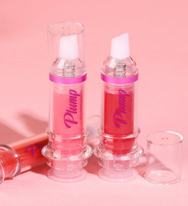 Lip plumper with chili extract in clear tube and box with multiple close-up images showing glossy lips in different shades