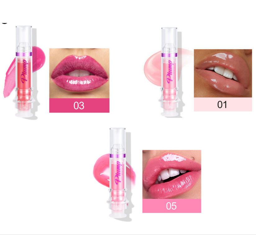 Three shades of lip plumper with chili extract applied on lips showing glossy vibrant pink and nude colors