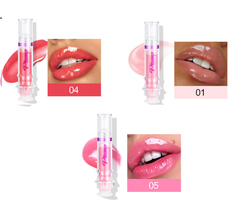Lip plumper with chili extract in three shades shown on lips with glossy finish and product tubes