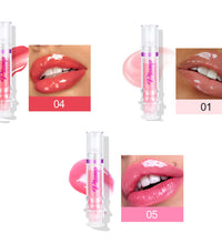 Lip plumper with chili extract in three shades shown on lips with glossy finish and product tubes