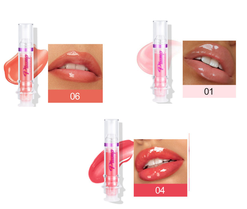 Lip plumper with chili extract in three shades shown with lip swatches and gloss tubes