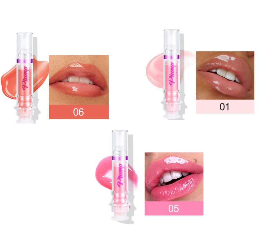 Lip plumper with chili extract in three shades showing glossy lips and product tubes on white background