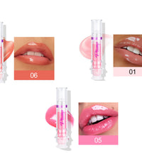 Lip plumper with chili extract in three shades showing glossy lips and product tubes on white background