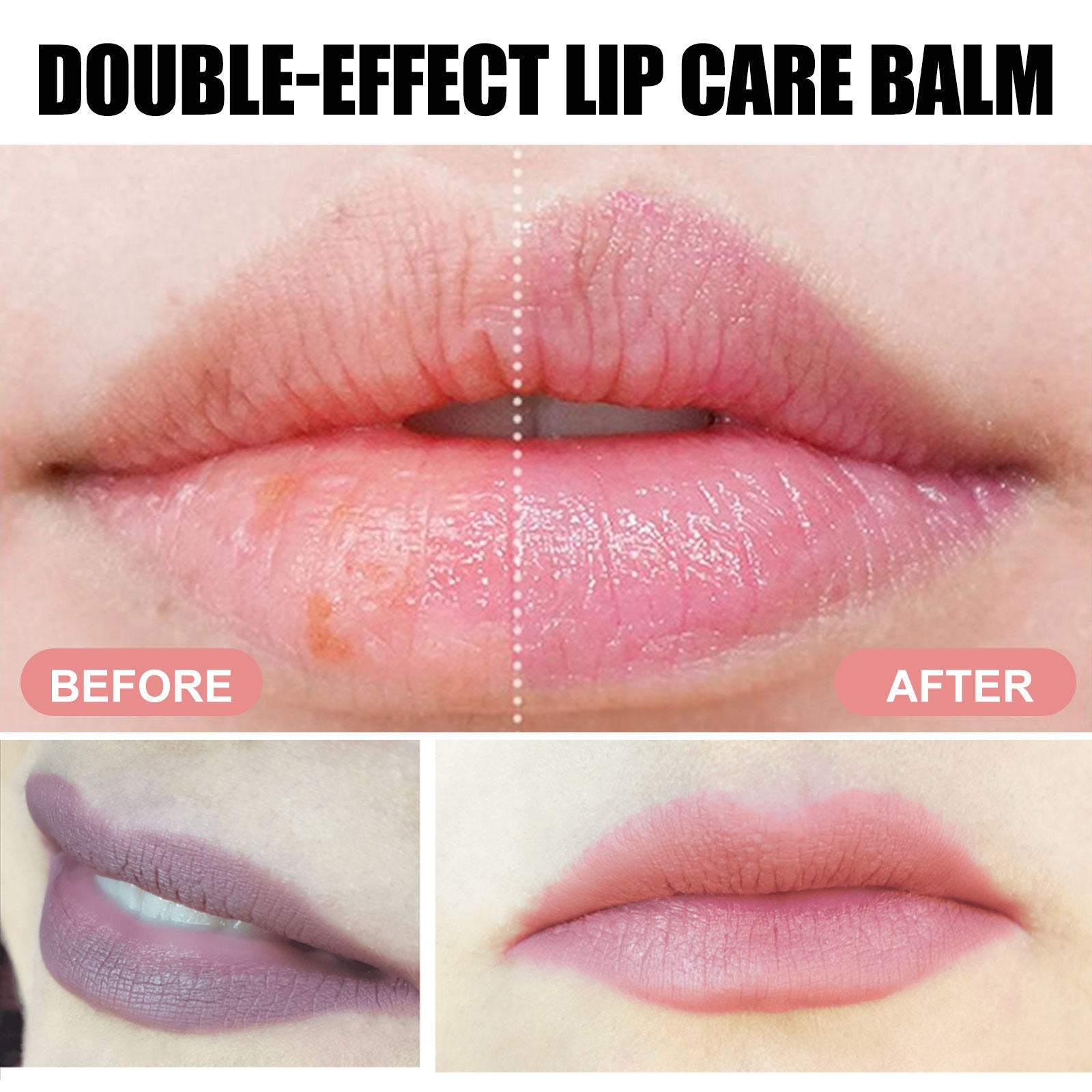 Before and after close-up of lips using double-effect lip care balm showing hydrated and smooth lips