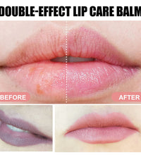 Before and after close-up of lips using double-effect lip care balm showing hydrated and smooth lips